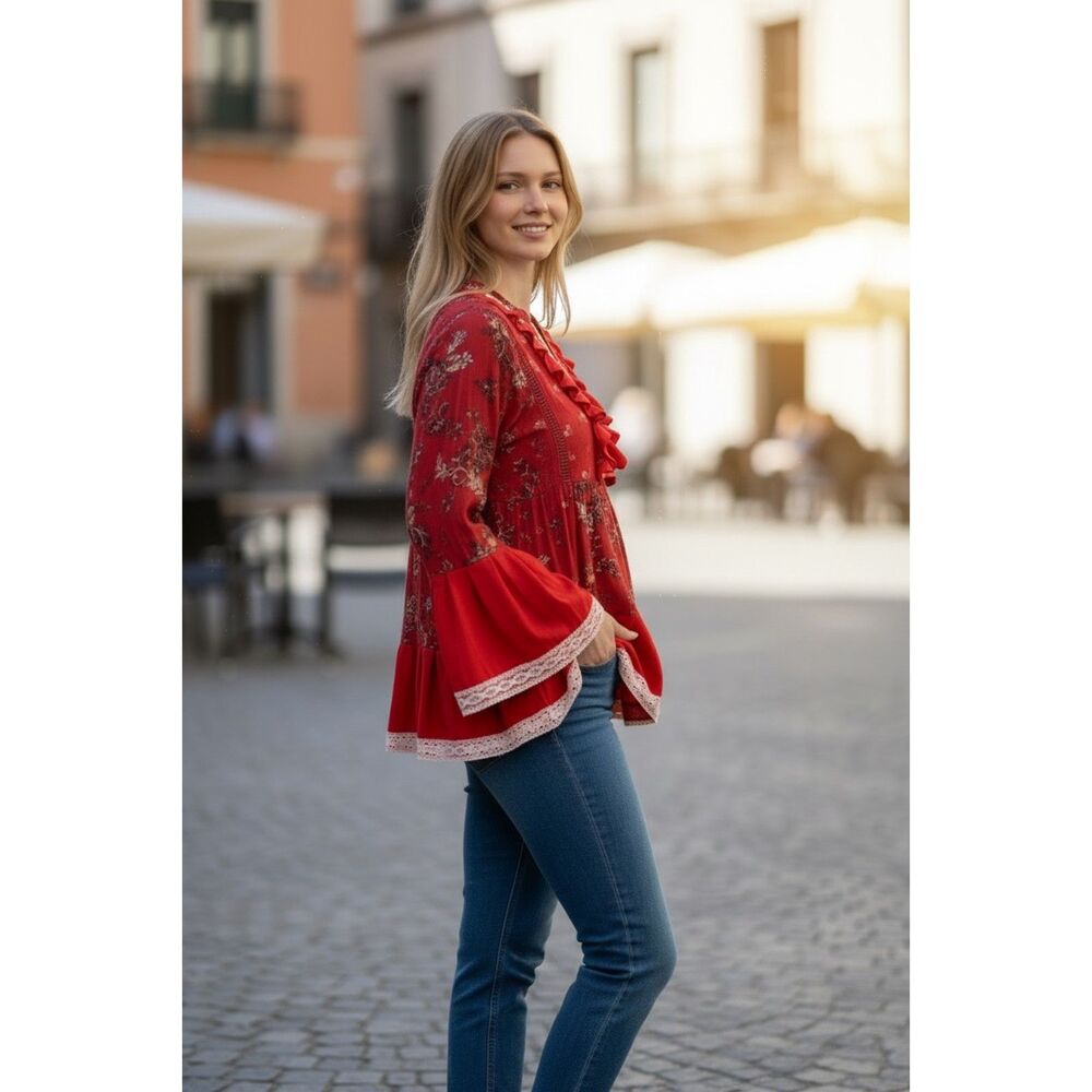 Eclectic boho Floral Red high low Ruffle Women's Top size L - 40” at bust. - Picture 4 of 8